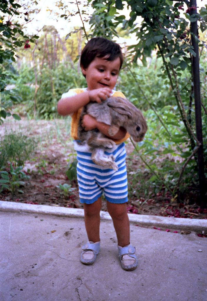 Niño con conejo en brazos .